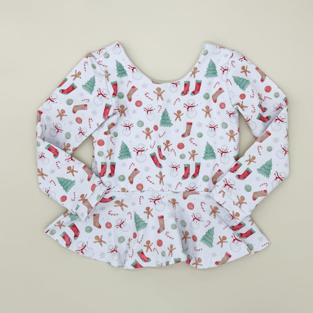 Snowman Doodle Long Sleeve Peplum Top