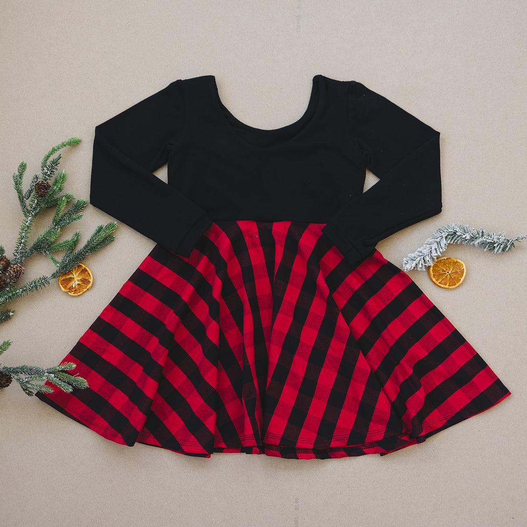 Red & Black Check Twirl Dress (Black Bodice)
