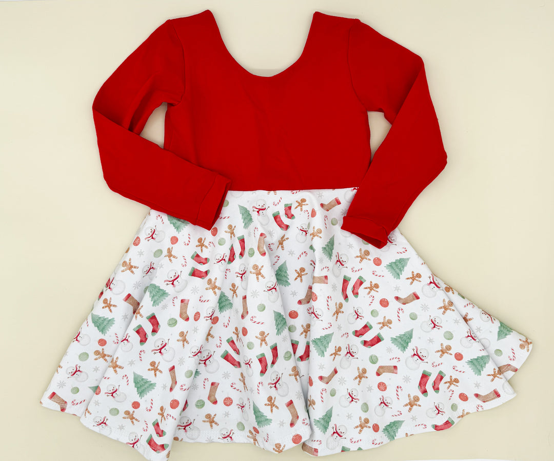 Snowman Doodle Twirl Dress (Red Bodice)