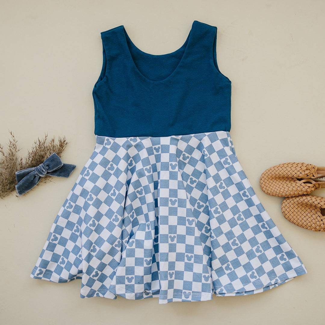 Blue Mouse Check Twirl Dress (Peacock Bodice)
