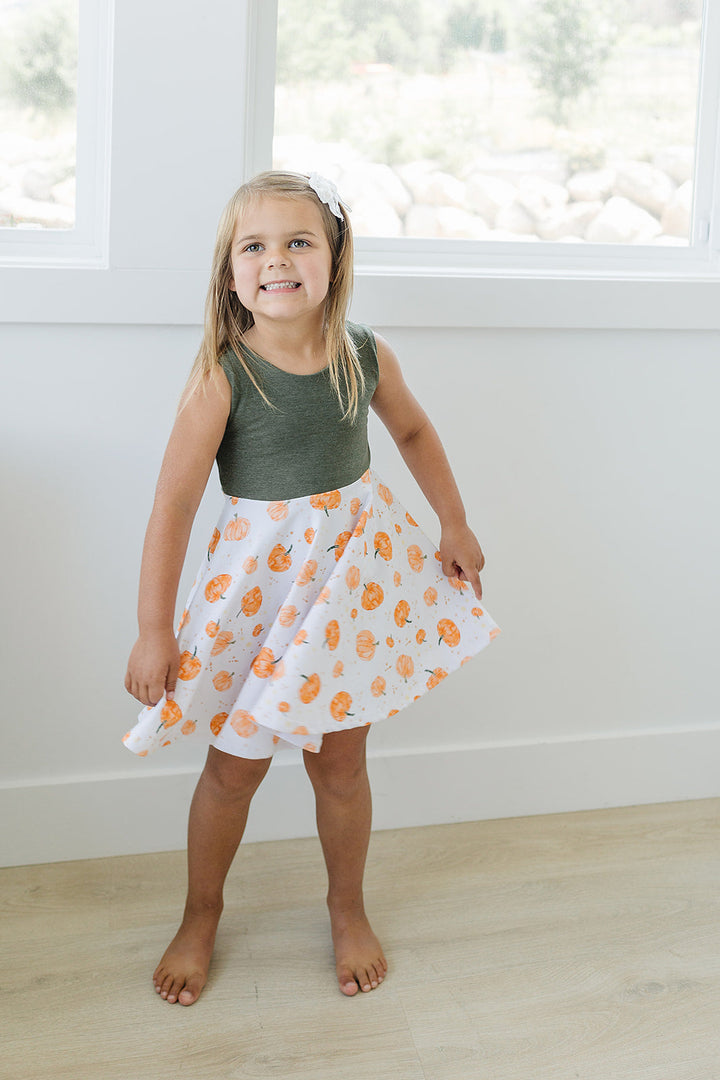 Speckled Pumpkin Twirl Dress (Olive Bodice)