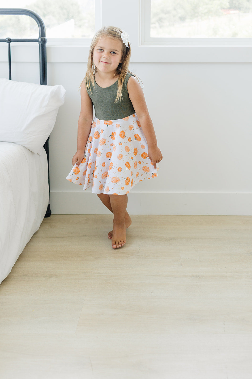 Speckled Pumpkin Twirl Dress (Olive Bodice)