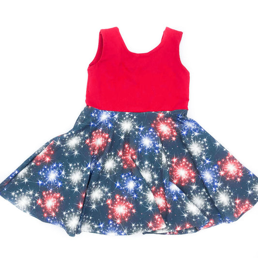 Fireworks on Navy Twirl Dress (Red Bodice)